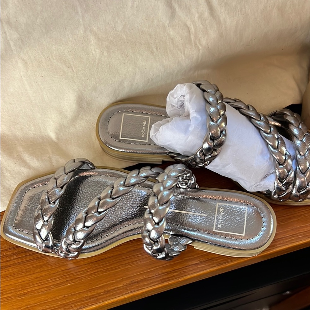 Dolce Vita Metallic Silver Braided Sandals Graphite - Picture 2 of 5